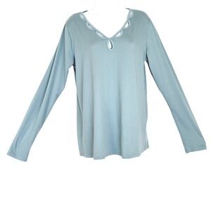 Daytrip Womens Large Sage Green Long Sleeve Scalloped‎ Cutout Neckline Top